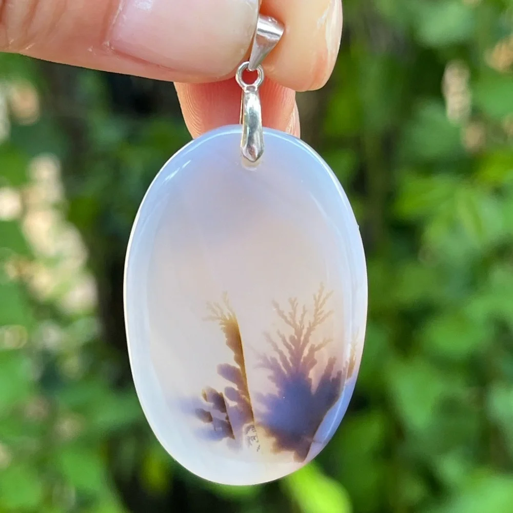 Sterling silver‎ oval shape dendritic tree agate pendant 1277